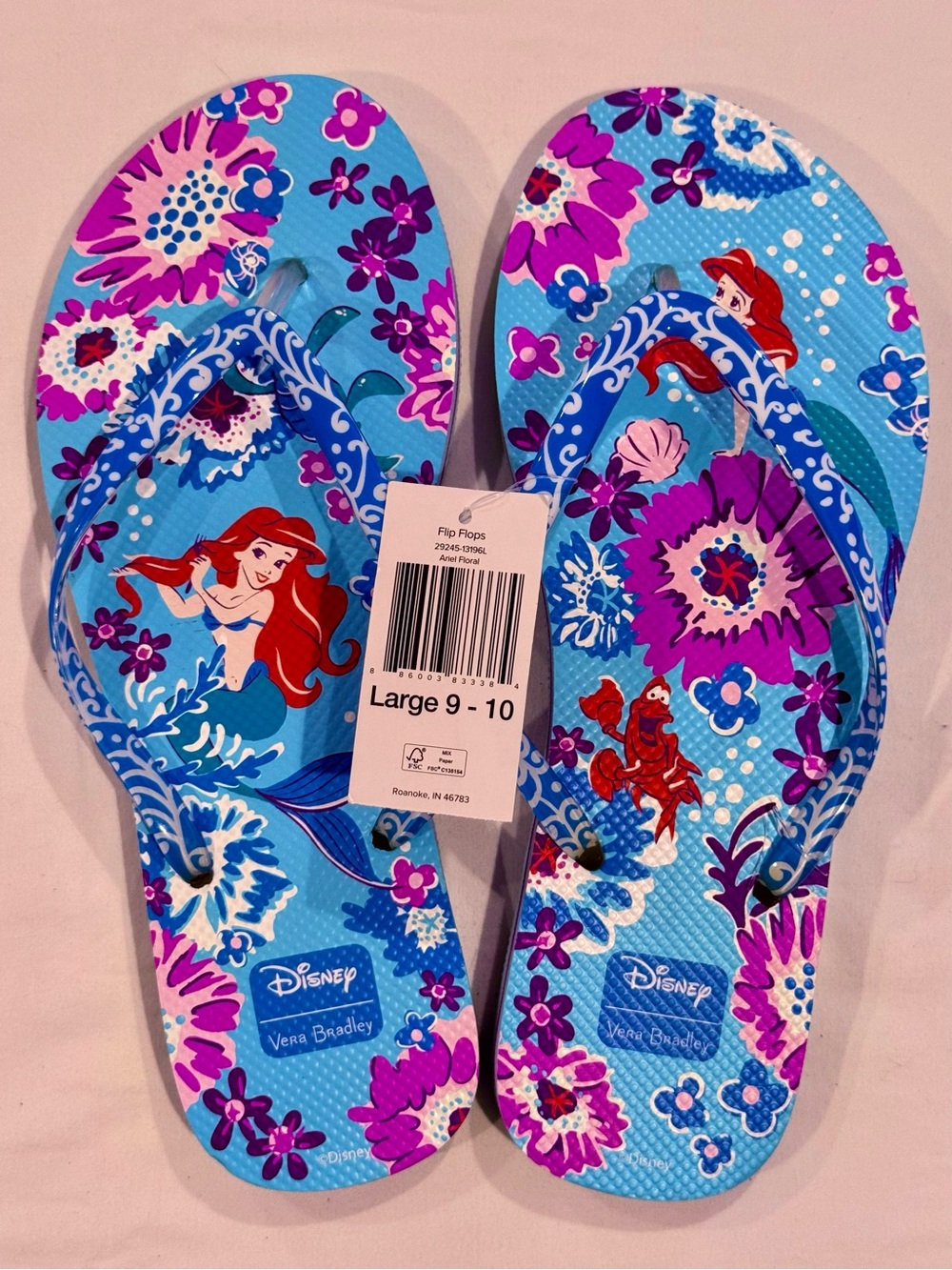 New Vera Bradley Disney The Little Mermaid Flip Flops Womens Large 9-10 Ariel - Picture 2 of 11